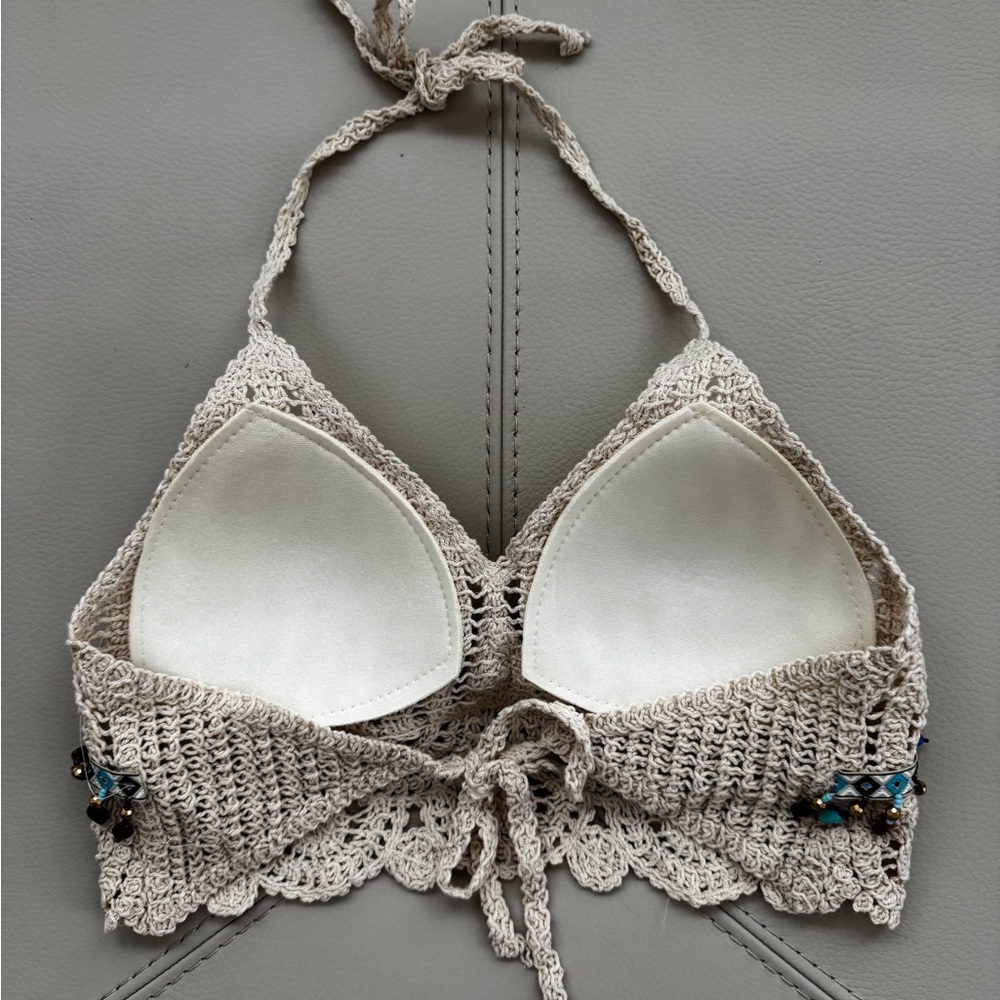 Handmade Summer Knit Halter Crop Top with Tasseled Beads - Picture 4 of 5